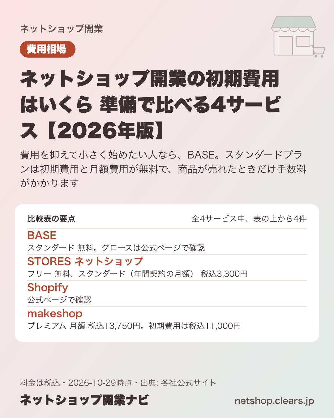 ネットショップ開業の初期費用はいくら 準備で比べる4サービス【2026年版】の比較表の要点
